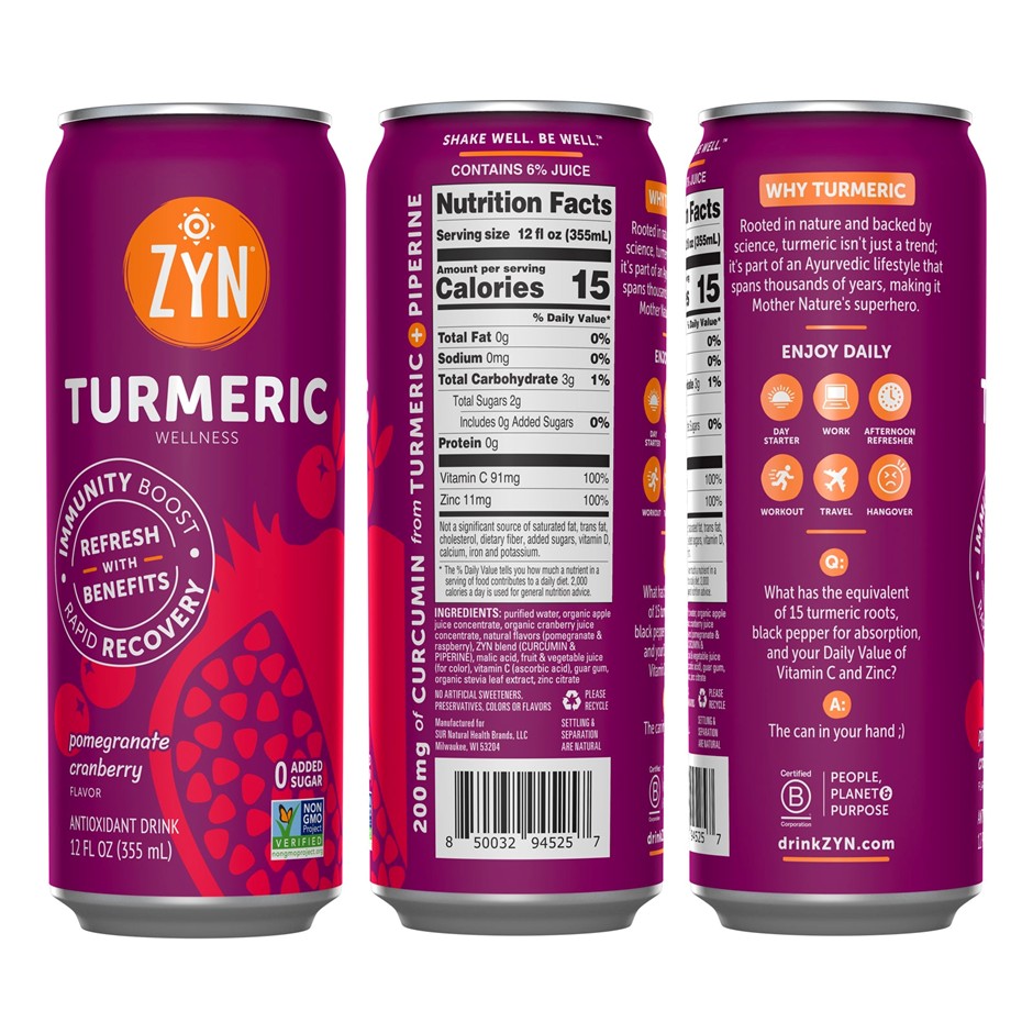 ZYN Turmeric Wellness Drink Pomegranate Cranberry 355ml - Image 2